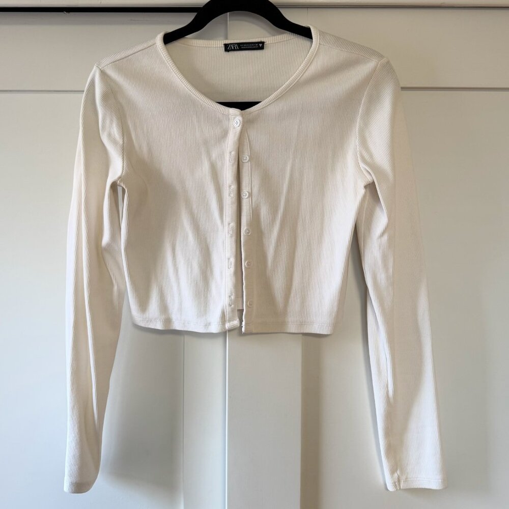Zara White Ribbed Cropped Button Down Cardigan Top